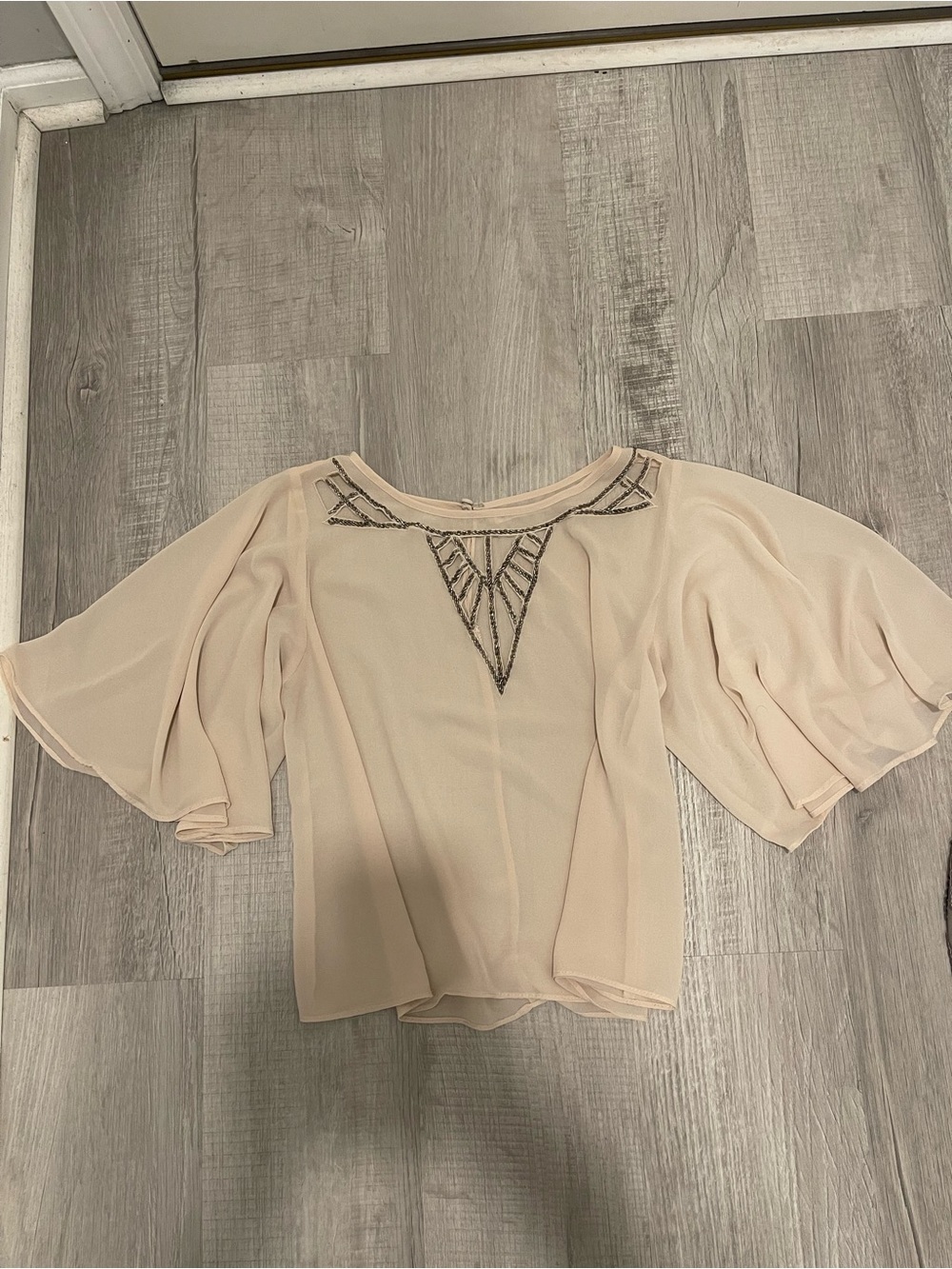 Mustard Seed Cream Embroidered Flutter Sleeve Blouse